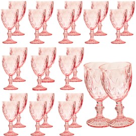 24 Pcs Vintage Wine Glasses, 10 Ounce Colored Glass Water Goblets, Unique Embossed Pattern High Clear Stemmed Glassware Wedding Party Bar Glass Drinking Cups Fancy Wine Glasses Pink Set of 24