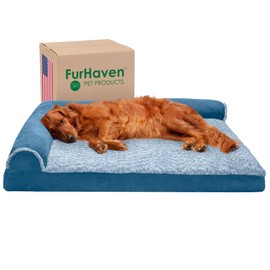 Furhaven Memory Foam Dog Bed for Large Dogs w/ Removable Bolsters & Washable Cover, For Dogs Up to 95 lbs - Two-Tone Plush Faux Fur & Suede L Shaped Chaise - Marine Blue, Jumbo/XL