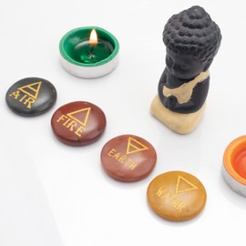 Crocon 4 Elements Assorted Stones Round Shape Engraved Triangle Symbols (Earth Air Fire Water) Polished Palm Stones for Gemstone Reiki Crystals Healing