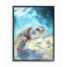 Stupell Industries Sea Turtle Ocean Animal Blue Watercolor Painting Black Framed Wall Art, 11 x 14, Multi-Color