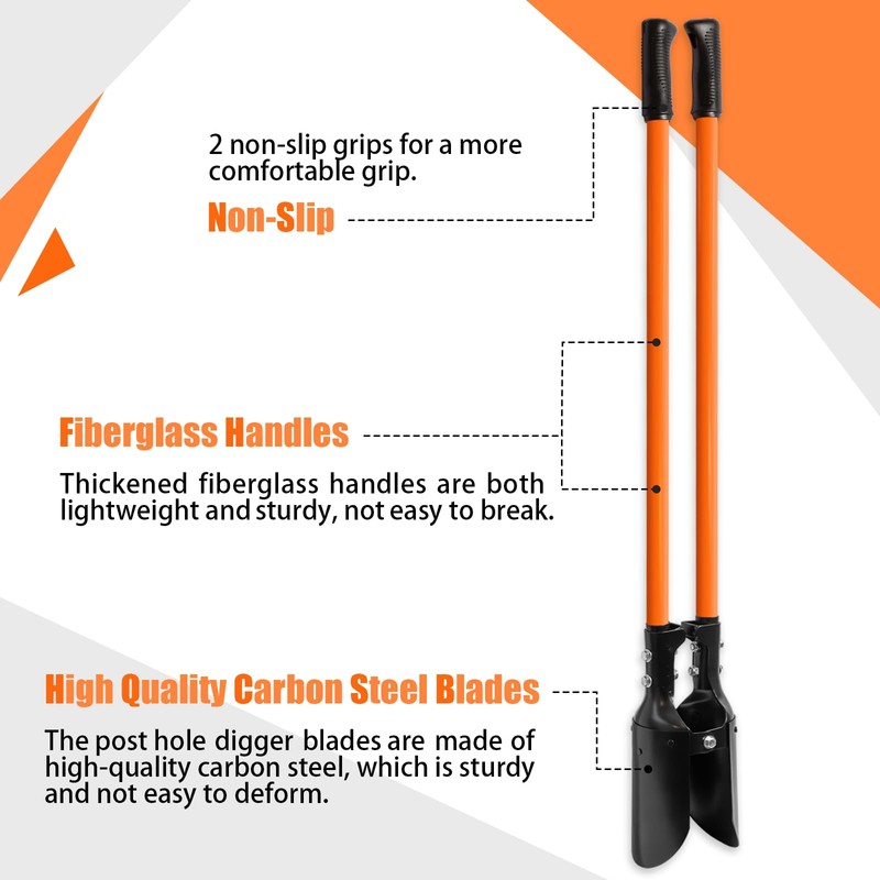 Nohovu Post Hole Digger, Heavy Duty with Fiberglass Handle, Carbon