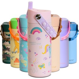 Elemental 100% Leak Proof When Spout is Closed Insulated Kids Water Bottle, Stainless Steel Bottle for School with Straw Lid & Pop-It Handle, for Travel and Sports, 18oz - Unicorn Rainbow