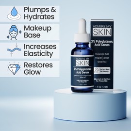 Admire My Skin Organic Polyglutamic Acid Facial Serum - Powerful Hydration & Anti Aging + Hyaluronic Acid + Propolis 1oz