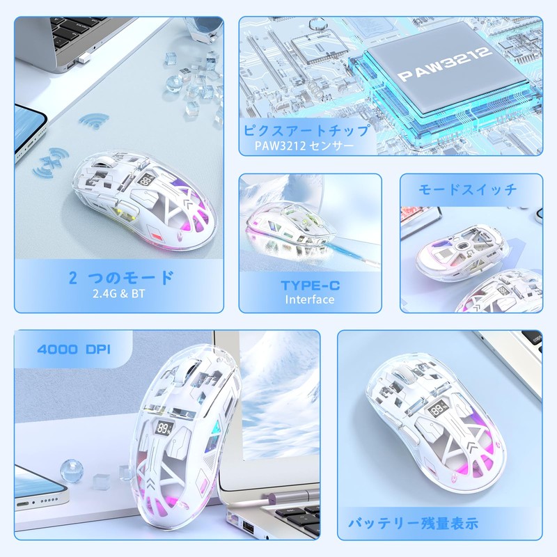 FREEWOLF Gaming Mouse, A2 Transparent RGB White, 2.4G/BT Connection, Wireless