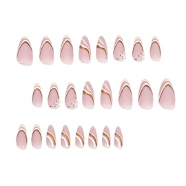 JUSTUSNX 24pcs Almond French Fake Nails Oblique Gold Thread Nude False Nails Black Line Pearl Pink Heart White Edge Press on Nails for Women and Girls (E)