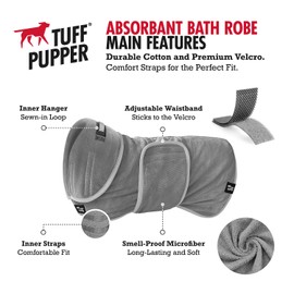 Tuff Pupper Fast Drying Dog Bath Robe | 800 GSM Plush Dog Towel Bathrobe/Dressing Gown | Super Absorbent Pet/Puppy Bathrobe | Adjustable Hood & Belly Strap | Super Soft | Fast Drying (XXL, Gray)