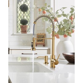 Kitchen Sink Faucet with Soap Dispenser: Brushed Gold Kitchen Faucets with Pull Down Sprayer - Stainless Steel Single Handle Kitchen Faucet with Deck Plate for Farmhouse RV Laundry