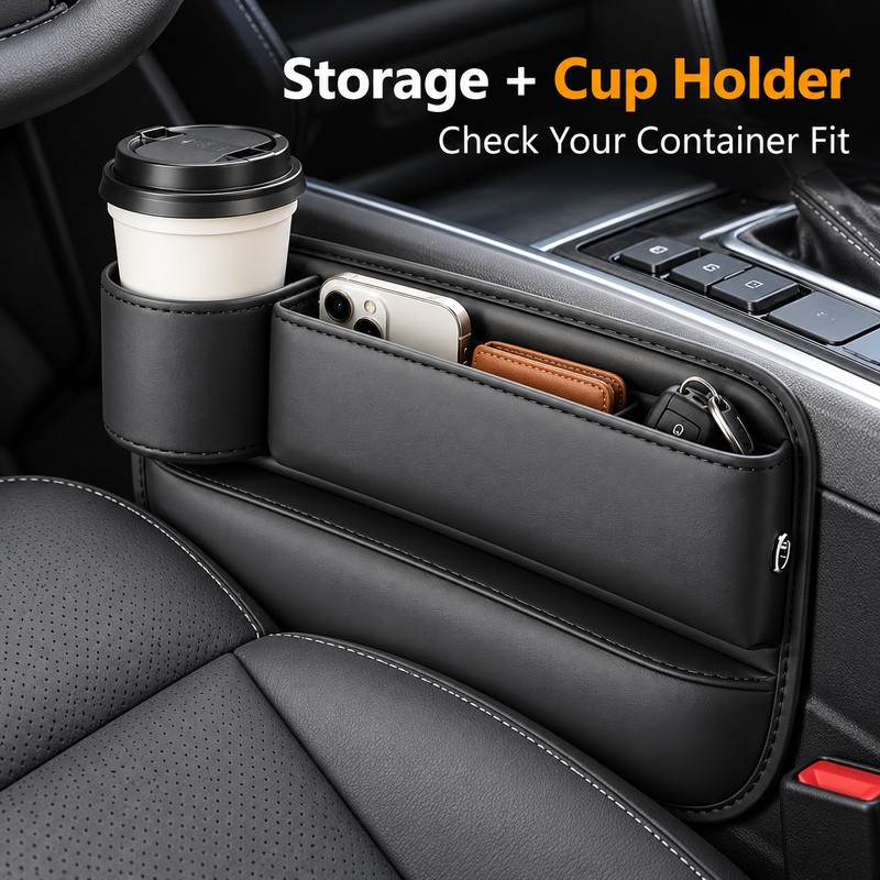 Car Seat Gap Organizer with Cup Holder – Black Leather-Style