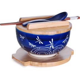 Happy Sales HSKM-DGFLY4, Japanese Kamameshi Vintage Style Rice Noodle Ramen Bowl with Bamboo Lid Trivet Chopsticks and Porcelain Spoon Bowl Set, Dragonfly