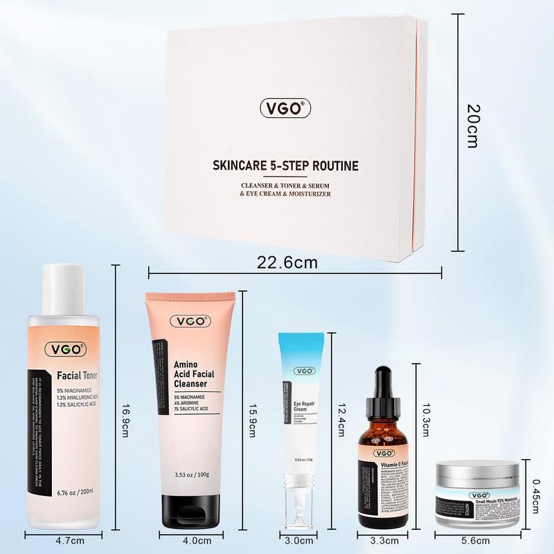 VGO 5-Step Skincare Routine: All-in-One Set Including Cleanser, Toner, Serum,