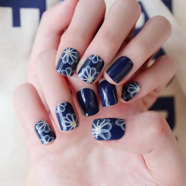 Vezocim Blue Press on Nails Square Short, 24Pcs Glossy Artificial Fake Nails with White Flower Designs, Full Cover Acrylic Coffin False Fingernails with Charm for Women Girls