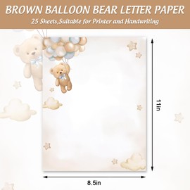 25 Sheets Bear Stationery Letterhead Paper Cute Brown Animal Letter Paper Writing Notes Greeting Papers for Baby Shower Invitation Office Printing, 8.5 x 11 Inch