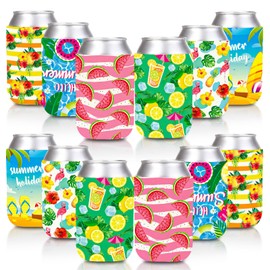 JarThenaAMCS 12Pcs Summer Can Sleeves Hawaiian Reusable Cooler & Soft Insulated Beer Can Sleeves 6 Designs Neoprene Can Covers for 12oz Beverage Bottle Drink Party Decor Supplies