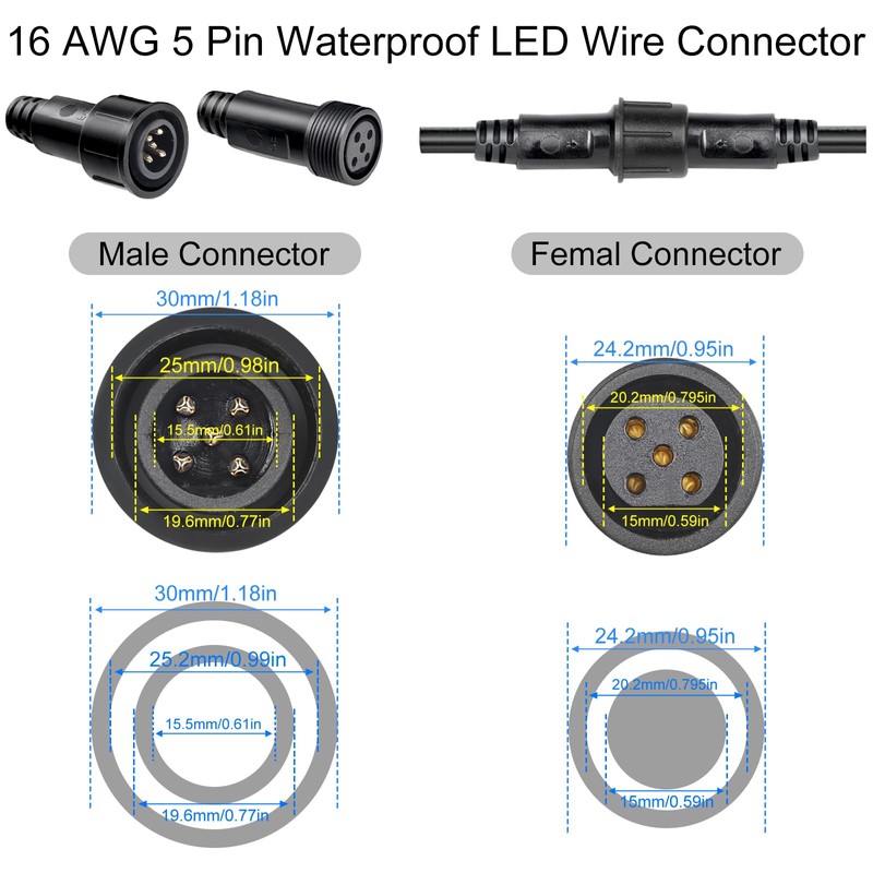 MAD OWL 5-Pin Waterproof LED Wire Connector Kit, 16 AWG