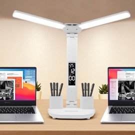 BTOOTB Lampara de Escritorio, Escritorio Plegable de Dos Cabezales Lámpara De Escritorio LED, Lámpara de Mesa con Tres Modos de Iluminación, Interruptor Táctil, para Trabajar, Estudiar (Doble cabeza)