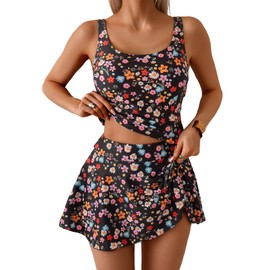 Eomenie Tankini Swinsuit for Women Tummy Control Two Piece Bathing Suit High Waisted Tank Top with Swim Skirt