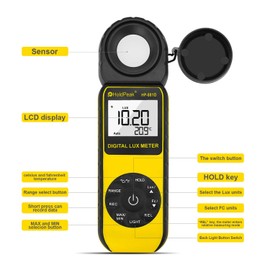 HoldPeak Light Meter, Digital Lux Meter with 0.1-400,000 Measurement Range and 270º Rotatable Detector, Illuminance Meter Temp Luxmeter for Grow Plants Photography 881D…