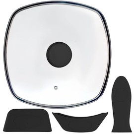 IFITTING Square Glass Lid for Grill Pans with Steam Vent Hole - Fits Lodge Cast Iron Skillets 10.5inch/26.67cm Silicone Potholder- Square Tempered Glass Lid - Universal Replacement Cover Silicone Knob