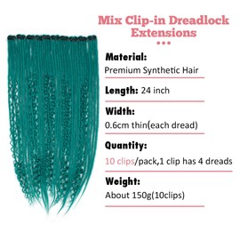 24 Inch Clip in Dreadlock Hair Extensions 10Clips Mixed Handmade Soft Curly Boho Wavy Synthetic Dreads Extensions for Women,BD Green