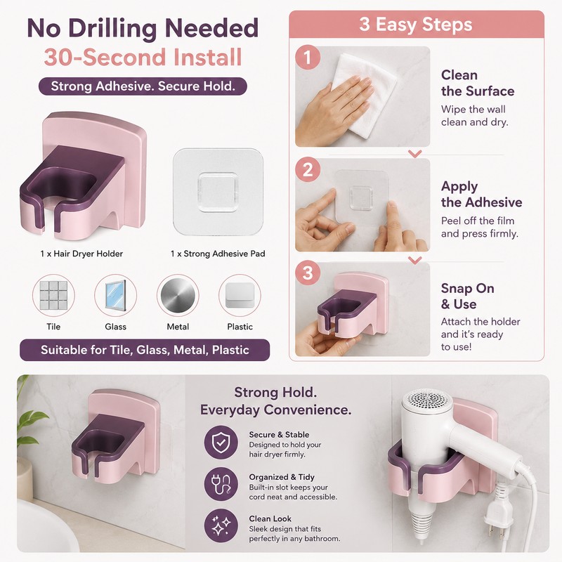 Wall Mounted Hair Dryer Holder for Bathroom Storage – Punch-Free