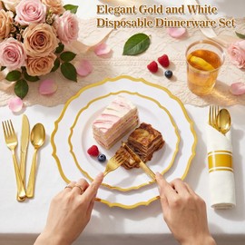 Glowserve 50 Guests 350 PCS Disposable Plastic Plates Gold Dinnerware Sets