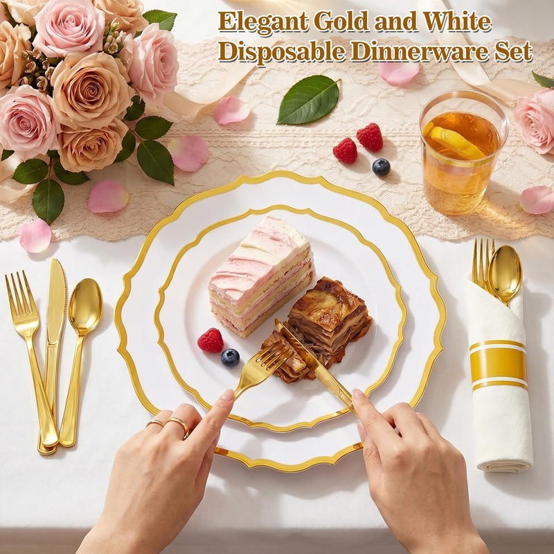 Glowserve 50 Guests 350 PCS Disposable Plastic Plates Gold Dinnerware