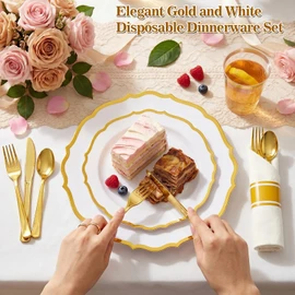 Glowserve 50 Guests 350 PCS Disposable Plastic Plates Gold Dinnerware Sets