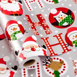 Flyhill Christmas Wrapping Paper- Mini Roll-17in*33ft(46.8sqft)-Shiny Silver Foil Red Santa Claus,Snowman,Penguin and Elk Design for Party,Celebration,Holiday