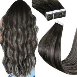 Hetto Balayage Hair Extensions Tape in Human Hair Black and Silver Ombre Tape in Hair Extensions 18 Inch 20 Pieces/50g #1B/Silver/1B