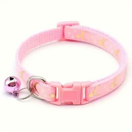Whimsical Cartoon Pet Collar with Bell, Star & Moon Print, 1pc, Adjustable, Polyester, Colourful