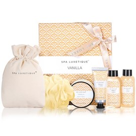 Spa Luxetique Regalos de spa para mujer, 6 piezas, juego de baño de vainilla para mujer, regalo con loción corporal, gel de ducha, baño de burbujas, c