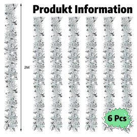 Pack of 6 x 2 m Christmas Garland Tinsel, Christmas Tinsel Garland, Tinsel Garland Christmas Tree, Christmas Decoration Metallic Garlands, Christmas Tree Decoration Tinsel, Tinsel Christmas Tree