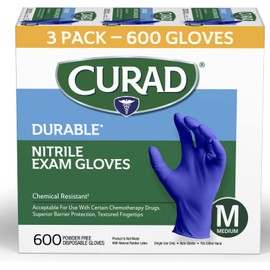 Curad Nitrile Exam Gloves, Durable, Powder Free, Chemical Resistant, Medium, 600 Count