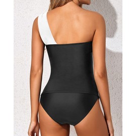 Tempt Me Two Piece Tankini Bathing Suits for Women One Shoulder Swim Top with Bottom Swimsuits, White Black 1, XX-Large