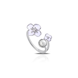 BYETOCE 925 Sterling Silver Ring Flowers and Pearl Statement Open Adjustable Rings Dainty Stackable Finger Ornament Silver Jewelry Birthday Wedding Mother's Day Gifts for Women