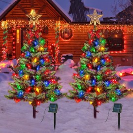 Upgraded 2-Pack 3.6 FT Solar Christmas Tree, Outdoor Christmas Decorations, Xmas Tree Solar Powered with 100 LED Multi-Color C6 String Lights, Suitable for Outside Garden Patio Yard Pathway