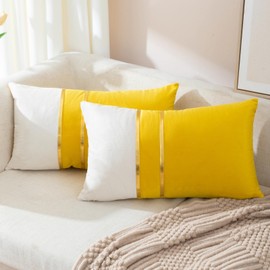 ZLINA Set of 2 Velvet Decorative Lumbar Pillow Covers Yellow White Patchwork with Gold Leather Pillow Covers 12 × 20 Inch Cushion Covers Decor Living Room Sofa Bedroom Car