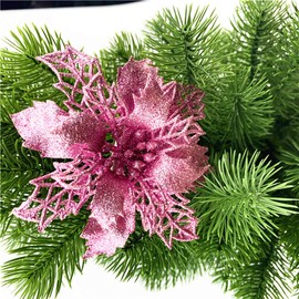 GLITZFAS 12-Piece Glitter Christmas Tree Decoration, Ornaments, Flower Decoration, Christmas Tree Pendants (Pink, 9 cm)