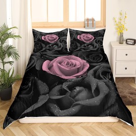 Feelyou Rose Bedding Set Black Pink Rose Floral Flower Comforter Cover Set Queen Size Garden Flower Duvet Cover Bedroom Decor Romantic Valentine's Day Bedspread Cover Bedding Collection 3Pcs