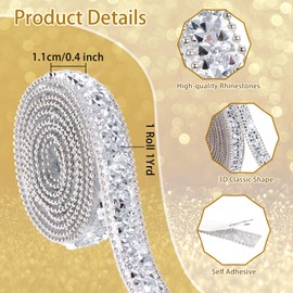 Hiswan Rhinestone Ribbon, Self Adhesive Resin Rhinestone Bedazzling Strips 0.4inch Glitter Crystal Diamonds Tape Sparkling Rhinestones Trim for Belt Shoes Clothing Car Phone (1Yard,Silver)