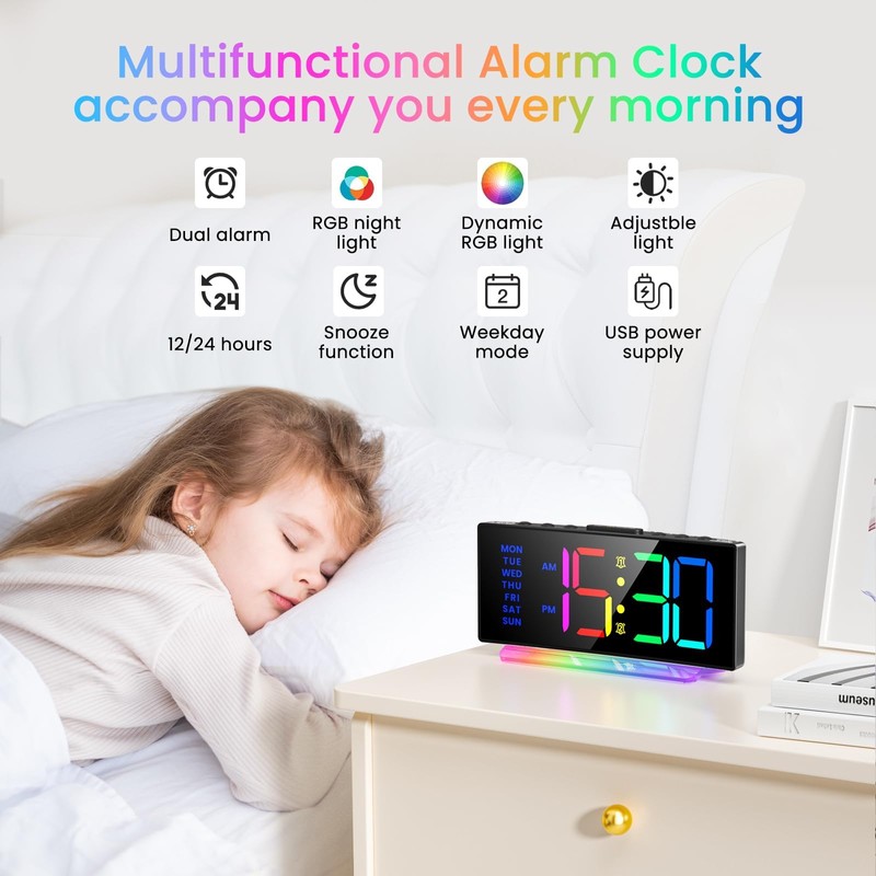 Digital Alarm Clock for Bedroom, Digital Clock with Curved Design,