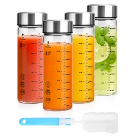 Luxfuel 16 oz Glass Juice Bottles with Lids, 4 Pack Wide Mouth Borosilicate Glass Bottles with Stainless Steel Lids, Heat-Resistant, Leakproof & Reusable for Juicing, Smoothies, Milk, Water, BPA-Free