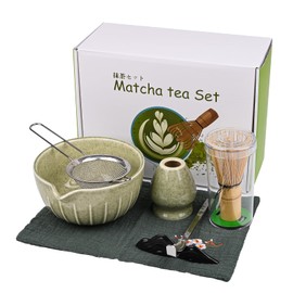 LustLocke Matcha Set, Ceramic Matcha Bowl with Spout, Matcha Tea Set, Matcha Accessories for Home, Office, Tea Room, Matcha Preparation, Gift Idea for Tea Lovers and Beginners, Green, Pack of 7