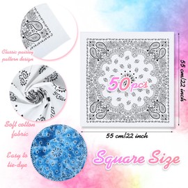 Bonuci 50 Pieces White Bandana Bulk for Tie Dying Cotton Paisley DIY Scarf Bandana Multipurpose Head Wrap for Tie Dye Favors