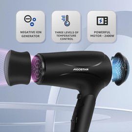 Aigostar Ionischer Haartrockner, Reisehaartrockner mit klappbarem Griff, 2 Geschwindigkeiten und 3 Temperatureinstellungen, 2400 W