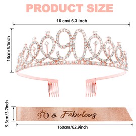 90th Birthday Sash and Tiara for Women, Rose Gold Birthday Sash Crown 90, Gifts for 90 years old Woman, Suitable for Women Happy 90th Party Decorations