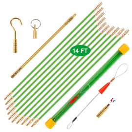 14FT Wire Fish Tool Electrical Wire Snake Fish Tape Fish Rods, Bright Green Wall Wire Fishing Tool Glow Rods Wire Pulling with 5 Different Attachments in a Carrying Case