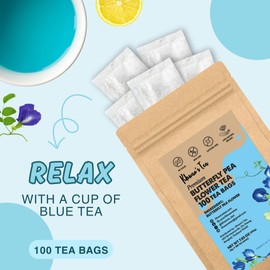 KHWAN'S TEA Butterfly Pea Flower Tea Bags 2gx100 counts, Organic Blue Butterfly Pea Flower Powder Ground, Caffeine Free Tea, Non-GMO, Vegan, No Preservatives, Sugar Free - Sourced from Thailand (7oz)