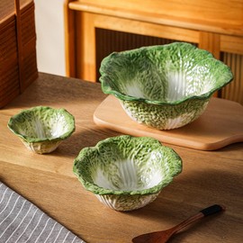KXZ Green Cabbage Serving Bowl Set of 3 for Kitchen Counter - Extra Large 60oz, 16oz, 5oz Nesting Mixing Bowls, Dishwasher & Microwave Safe, Ideal for Salad, Party Fruit Bowl, Ceramic Pho Soup Bowls
