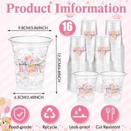 Funnymoom 60 Pcs Pink Bear Plastic Cups 16 oz Disposable Clear Baby Shower Drinking Cups for Bee Theme Party Gender Reveal Supplies Decoration